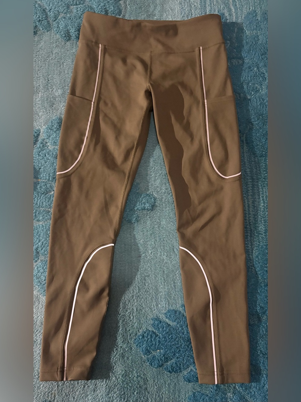 Outdoor Voices Olive Green Leggings with White Reflective Trim